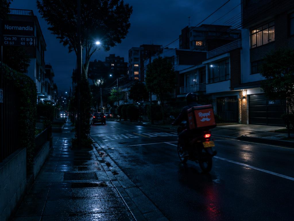 Mensajero en moto por las calles de Normandía, Bogotá